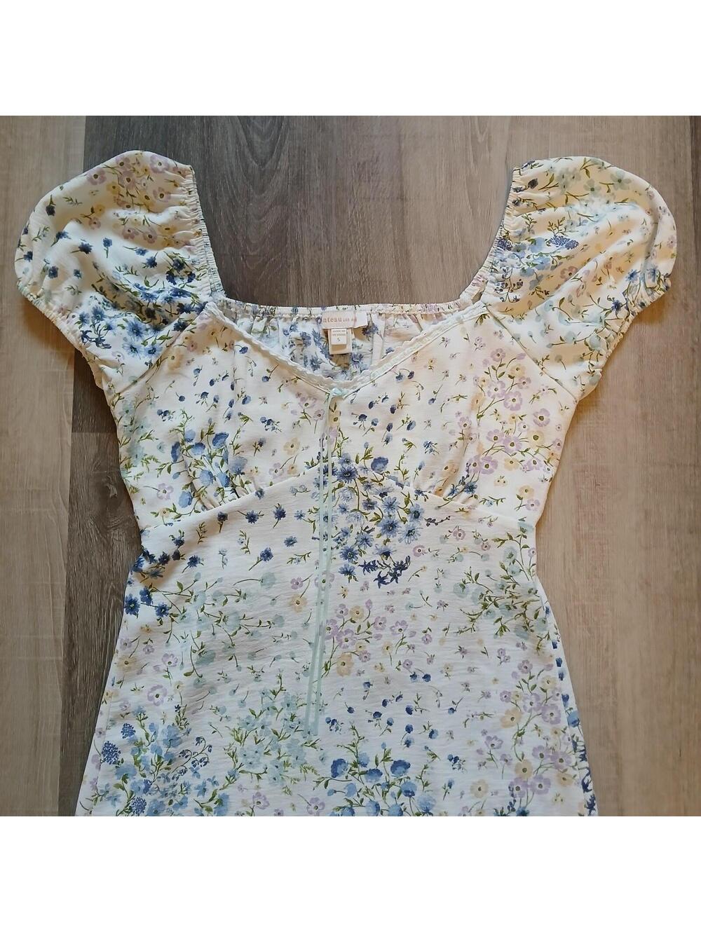 Monteau Floral Print Short Sleeve Dress Small Lace Edged V-Neck Midi Shift Pullo - Picture 2 of 9